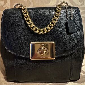 Coach Black Leather Backpack with Gold Chain